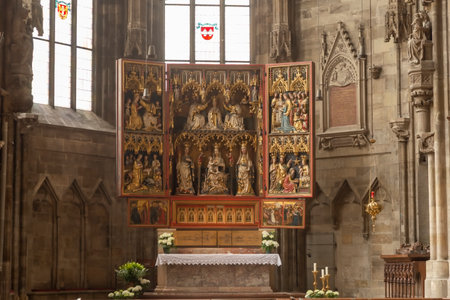 Vienna, Austria - April 24, 2015: Interior of Saint stephens cathedral, with baroque ornament and...