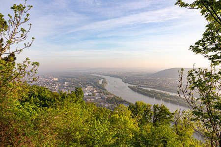 view to river Danube in Vienna, Austria in early morning lightの写真素材