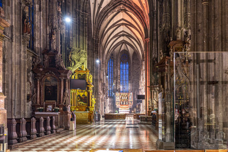 Vienna, Austria - April 26, 2015: inside St. Stephens cathedral in the evening in Vienna.のeditorial素材