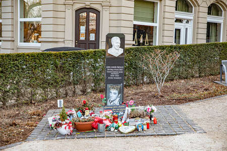 Bad Nauheim, Germany - March 24, 2021: Built in 1995, the stele stands in front of the Hotel Grunewald, where lived from 11.10.1958 to 3.02.1959のeditorial素材