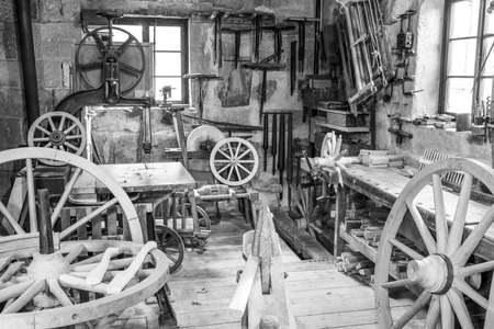 Neu Anspach, Germany - April 15, 2021: the wheel makers workshop at Hessenpark in Neu Anspach. Since 1974, the traditional jobs are shown at the Museum.のeditorial素材