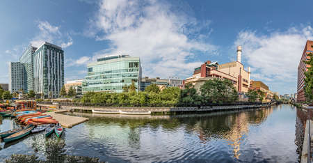 Boston, USA - September 13, 2017: industry complexes and power plant alomg the river in Boston, USA.のeditorial素材