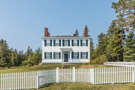 CASTINE, USA - SEP 17, 2017: beautiful houses in victorian style in Castine, USA. In the 1630s the French built a fort here and called it Fort Pentagoet - the name used by the French to describe the Penobscot and its tributaries.のeditorial素材