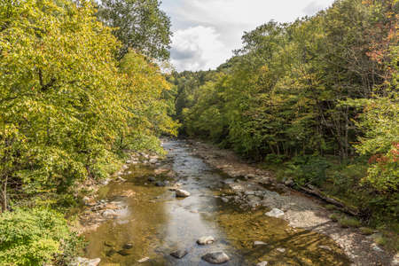 rock river in Williamsville, Vermont with green treesの写真素材