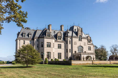 Newport, USA - September 23, 2017: old mansion in new victorian style at the coast of Newport, Rhode Island.のeditorial素材