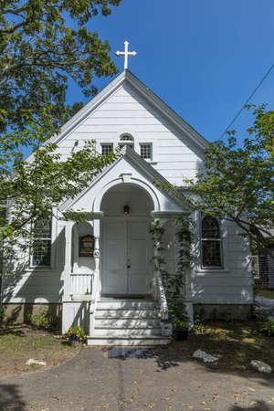 Martha's Vineyard, USA - September 26, 2017: wooden church near gingerbread houses on Lake Avenue, Oak Bluffs on Martha's Vineyard, Massachusetts, USA.のeditorial素材