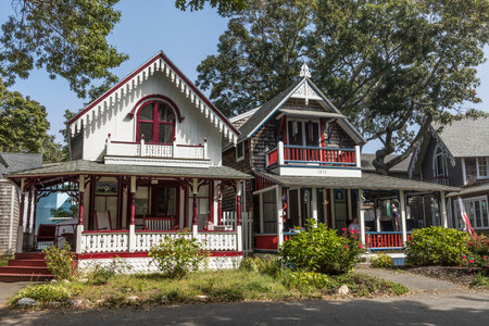 Martha's Vineyard, USA - September 26, 2017: Carpenters Cottages called gingerbread houses on Lake Avenue, Oak Bluffs on Martha's Vineyard, Massachusetts, USA.のeditorial素材