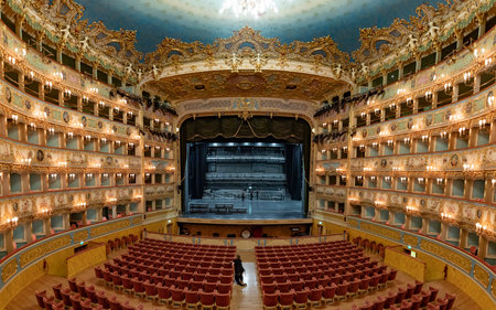 Venice, Italy July 7, 2021: Interior of La Fenice Theater. Teatro La Fenice, The Phoenix, is an...