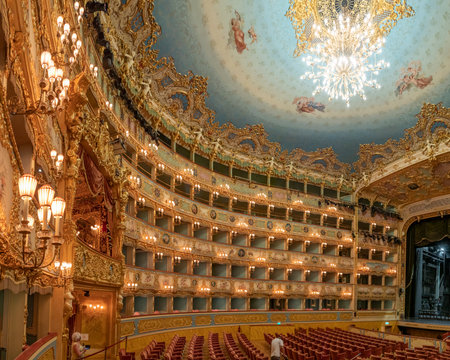 Venice, Italy July 7, 2021: Interior of La Fenice Theater. Teatro La Fenice, The Phoenix, is an...