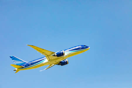 Frankfurt, Germany - May 14, 2020: dreamliner from the airline Zerbania takes off irection Baku.