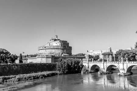 Rome, Italy - July 31, 2021: Castle Sant Angelo (Mausoleum of Hadrian), bridge Sant Angelo and river...