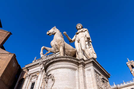 Statue of Pollux with his horse at Piazza del Campidoglio, the capitoline hill of Rome, Italyの写真素材
