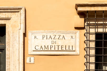 Street name piazza campitelli CAMPITELLI SQUARE - painted at the wall in Rome, Italyの写真素材