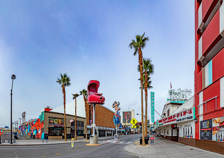 Las Vegas, USA - March 10, 2019: View to old part of Las Vegas in early morning with empty streets.のeditorial素材