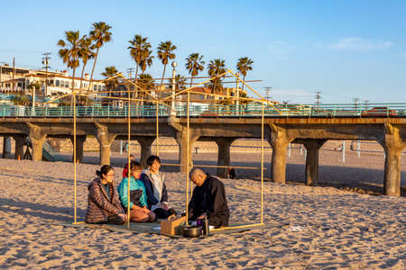 Los Angeles, USA - March 4, 2019: tea ceremony by a japanese monk at the beach in Redondo Bay in Los Angeles, USA.のeditorial素材