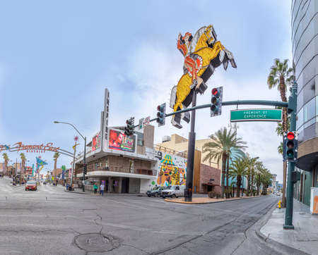 Las Vegas, USA - March 10, 2019: Fremont East district with neon sculptures, casinos and parking in early morning light in old part of Las Vegas, USA.のeditorial素材