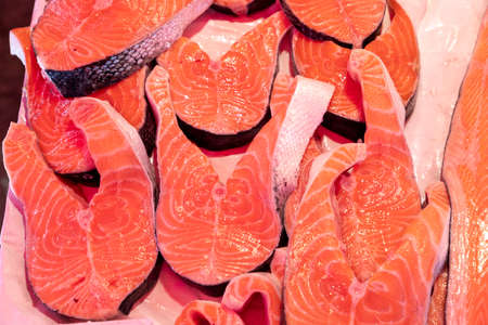 fresh sliced tuna fish at the fish marketの写真素材