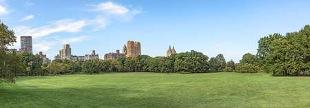 Sheep Meadow at Central Park in New York with skyline, USAの写真素材