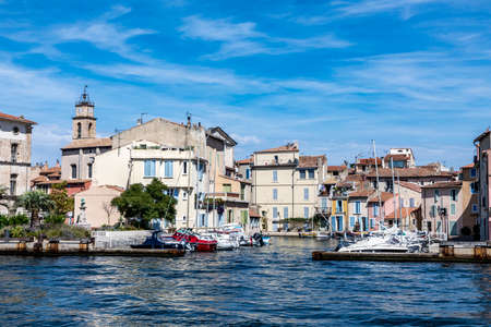Martigues, France - August 15, 2017: View to scenic old village of Martigues at the french riviera with boats at pier.のeditorial素材