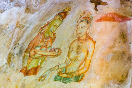 Sigiria, Sri Lanka - October 22, 2014: Ancient famous wall paintings (frescoes) at Sigirya in Sri Lankaのeditorial素材