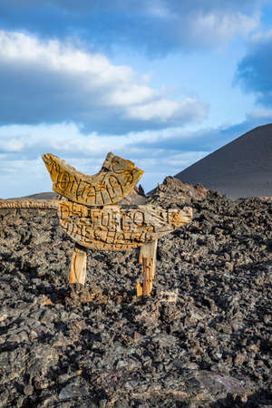 Yaiza, Spain - March 14, 2017: Devil sign by entrance Timanfaya National Park in Lanzarote in Yaiza, Spain. The devil sign was created by Cesar Manrique.のeditorial素材