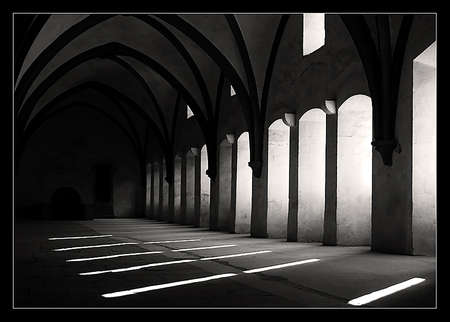 Eberbach, Germany - October 31, 2010: black and white view of dormitorium in the cloister Eberbach...