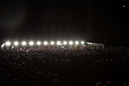 Verona, Italy - August 5, 2009: world famous amphie theater arena from verona, musicians in the orchestra pit by nightのeditorial素材