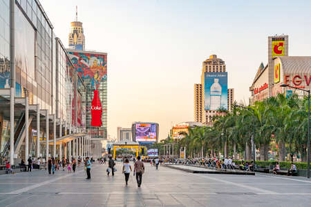 Bangkok, Thailand - May 7, 2009: outside advertising with posters at modern shopping center Central world in Bangkok, Thailand. Central World is the biggest shopping center in Bangkok and offers luxurious goods in western style.のeditorial素材