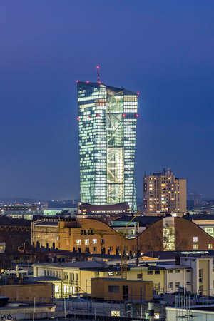 Frankfurt, Germany - January 21, 2015: View to european central bank by night in Frankfurt, Germany.のeditorial素材