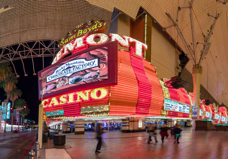 Las Vegas, USA - March 11, 2019: Casino Fremont with neon advertising by night in Fremont street experience in Las Vegas, USA.のeditorial素材