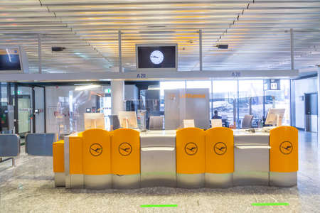Frankfurt, Germany - February 7, 2022: Empty Lufthansa gate in the new Terminal at Frankfurt...