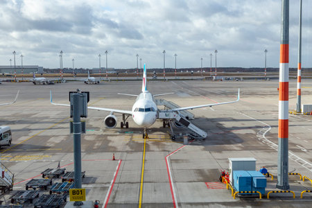 Berlin, Germany - February 7, 2022: Airfield and view to Ryanair aircraft at Willy Brandt airport in Berlin.のeditorial素材