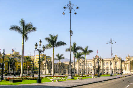 Lima, Peru - January 15, 2015: Government palace at Plaza de Armas in Lima, Peru. It is the birthplace of the city located in the Historic Center of Lima.のeditorial素材