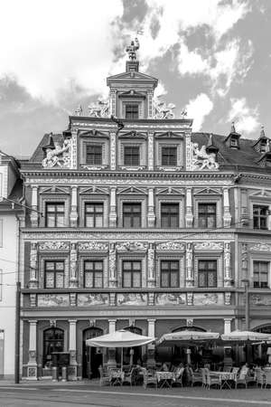 Erfurt, Germany - July 29, 2018: facade at house ZUM BREITEN HERD engl: House of wide oven at Fischmarkt, Erfurt, Thuringia, Germany, Europeのeditorial素材