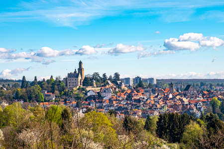 scenic view to historic town of Kronberg with castle, Germanyの写真素材