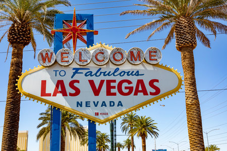 Las Vegas, USA - Jun 23, 2022: Las people enjoy the famous Welcome To Las Vegas sign at the entrance to Las Vegas, Nevada.のeditorial素材