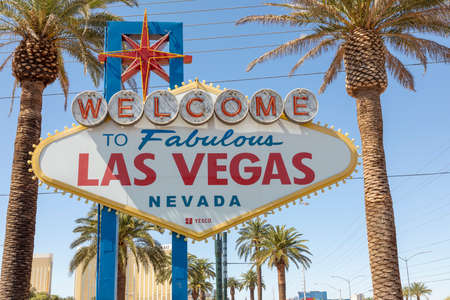 Las Vegas, USA - Jun 23, 2022: Las people enjoy the famous Welcome To Las Vegas sign at the entrance to Las Vegas, Nevada.のeditorial素材