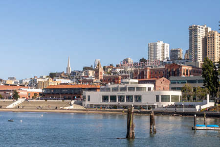 San Francisco, USA - May 18, 2022: view to famous white modern Maritime Museum at the bay of San Francisco in early morning light.のeditorial素材