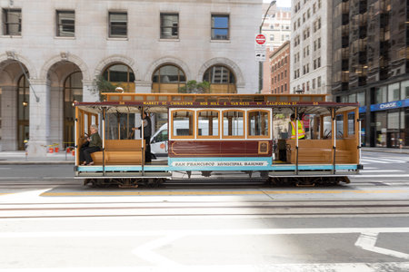 San Francisco, USA - Jun 24, 2022: historic Cable Car Powell Hyde Line to Market Street in downtown San Francisco, California CA, USA.のeditorial素材