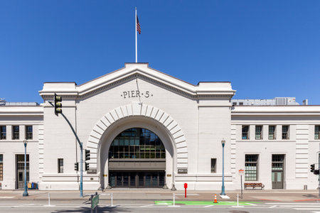 Facade of Pier 5 downtown San Francisco at the harbor, USAの写真素材
