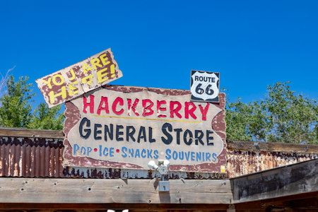 Hackberry, USA - Jun 25, 2022: historic route 66 and general store sign in Hackberry, USA.のeditorial素材