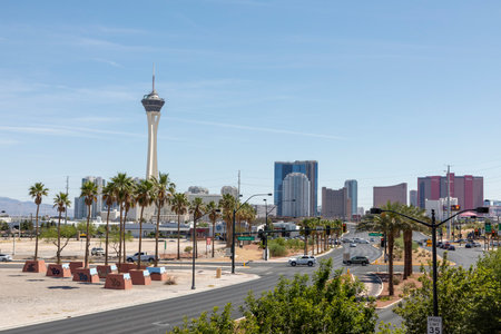 Las Vegas, USA - May 24, 2022: view to skyline of Las Vegas with stratosphere tower and the Strip in background.のeditorial素材