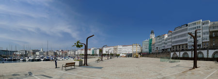 La Coruna, Spain - September 2, 2021: view to harbor area with private sailing boats at the pier in...