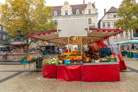Detmold, Germany - October 15, 2021: market square in Detmold with farmers booth selling fresh fruit and vegetables.のeditorial素材