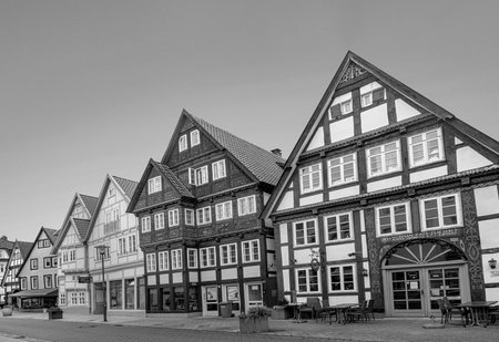 Detmold, Germany - October 14, 2021: main street in Detmold with old historic half timbered houses of merchants.のeditorial素材