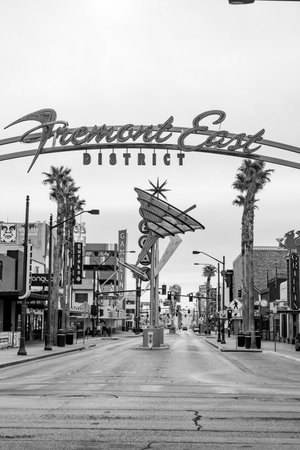 Las Vegas, USA - March 10, 2019: Fremont East district entrance sign with neon sculptures in early morning light in old part of Las Vegas, USA.のeditorial素材