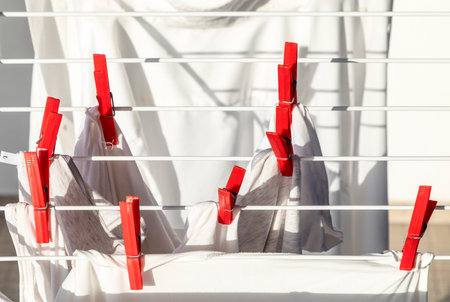 white shirt drying in the sun with red clothes pins in detail
