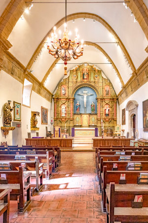 Carmel, USA - March 15, 2019: church at Carmel Mission San Carlos Borromeo in Carmel, USA. Pope Paul...