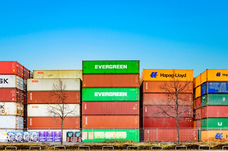 Frankfurt, Germany - January 29, 2022: container at east train station in Frankfurt stapled at the...