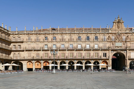 Salamanca, Spain - July 31, 2022: View at the baroque public plaza, 18th century, Plaza Mayor in Salamanca downtown city, Spainのeditorial素材